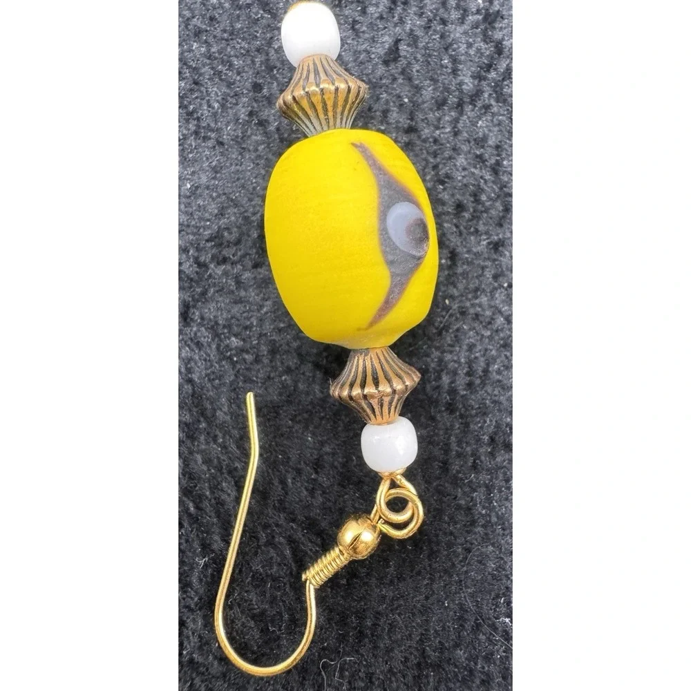 Yellow Glass Bead Dangle Earrings‎ Boho Retro Handmade Vintage